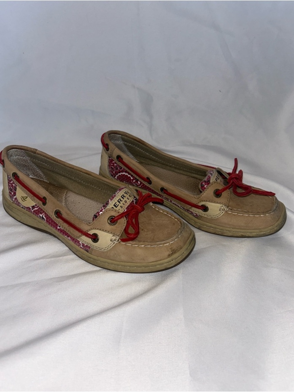 Sperry Tan Boat Shoes with Red Trim